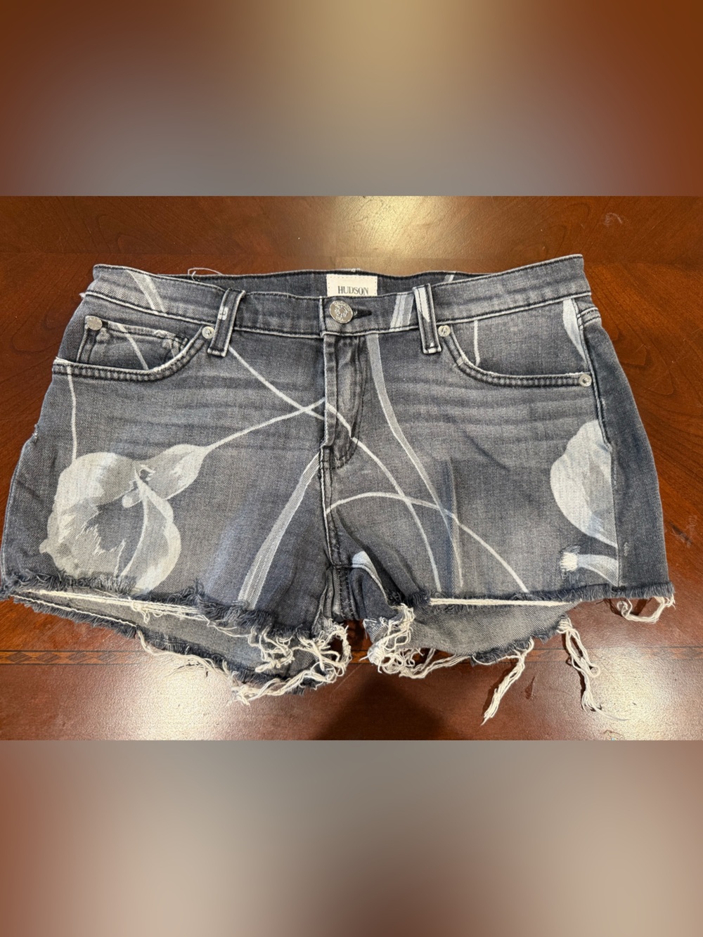 Hudson Kenzie Cut Gray Floral Print Distressed Denim Shorts